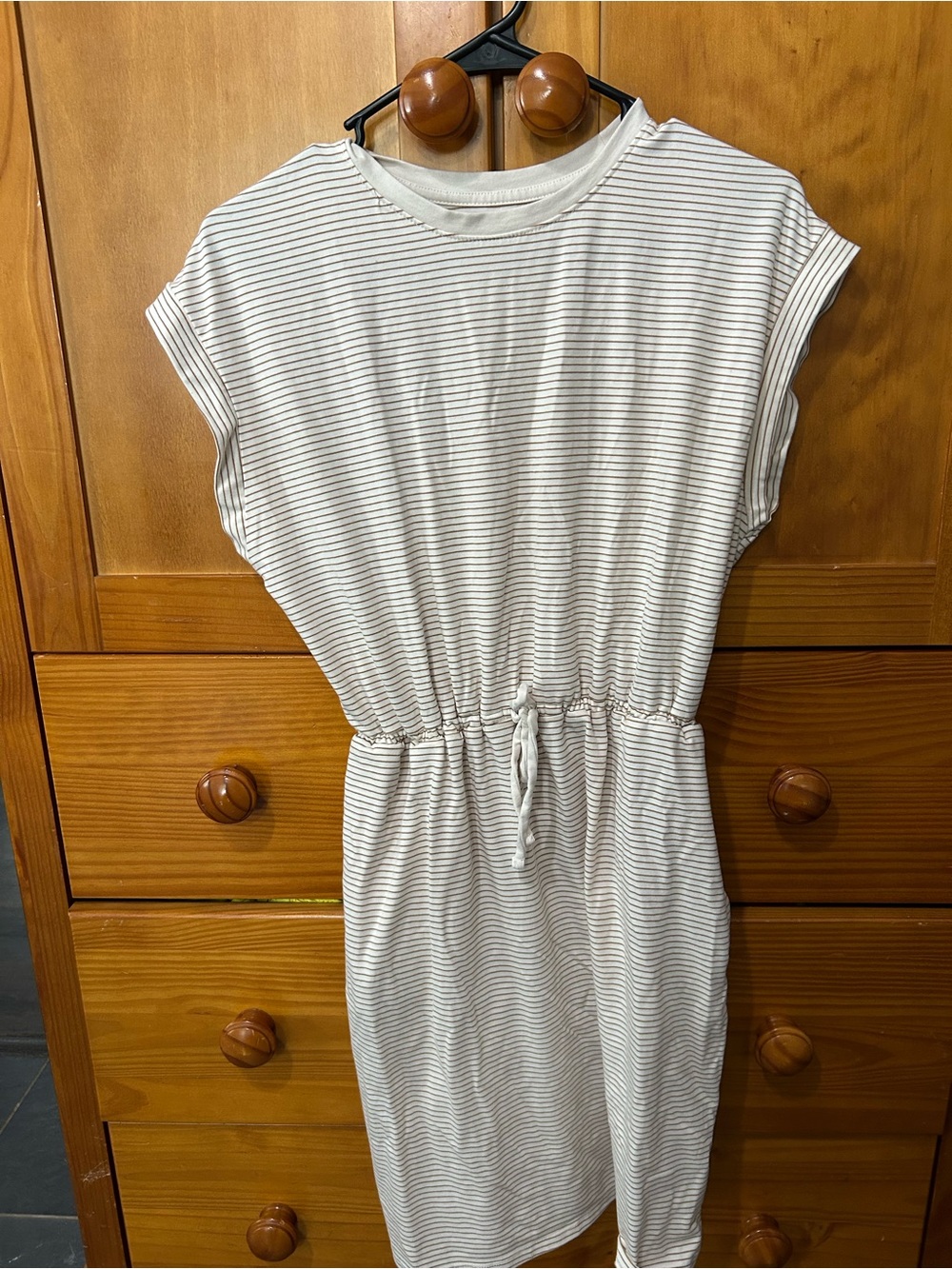 Striped Drawstring Waist Casual Dress - Cream/Gold